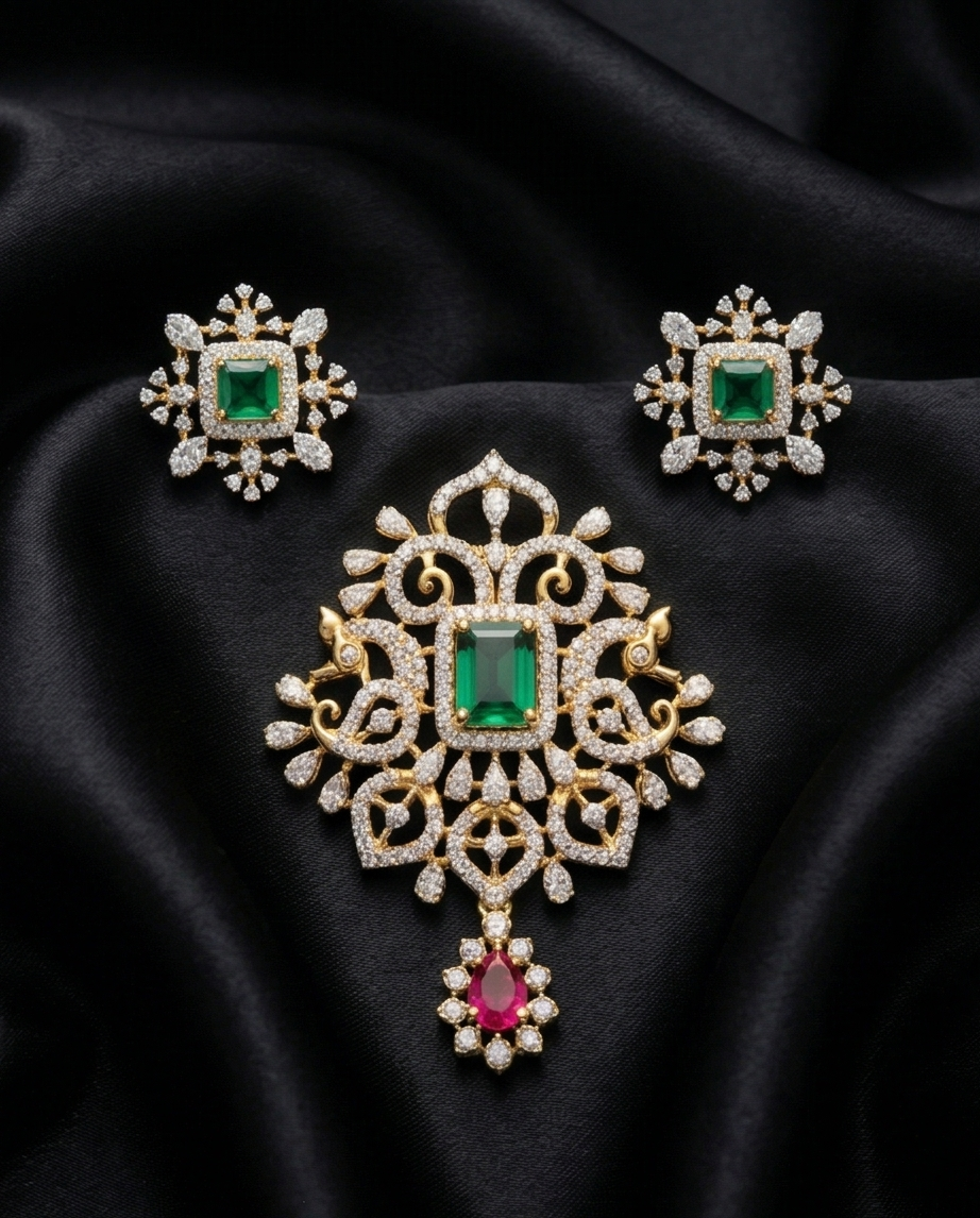 Meena Earrings and Pendant Set