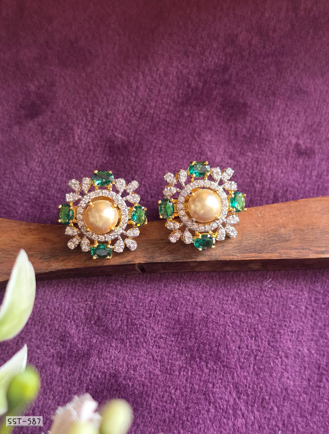 Emerald Pearl Halo Stud Earrings