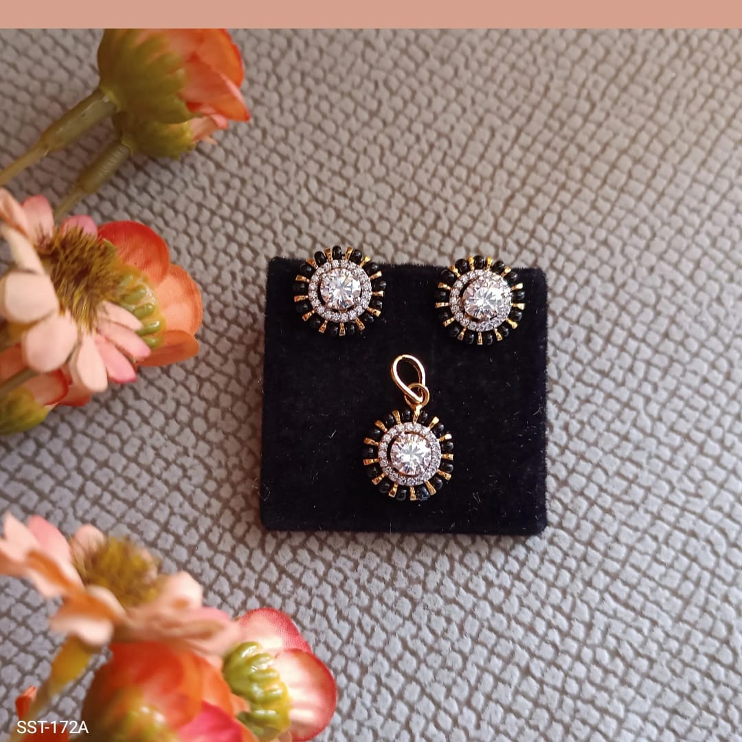 Cubic Zirconia And Black Accents Pendant Earrings Set