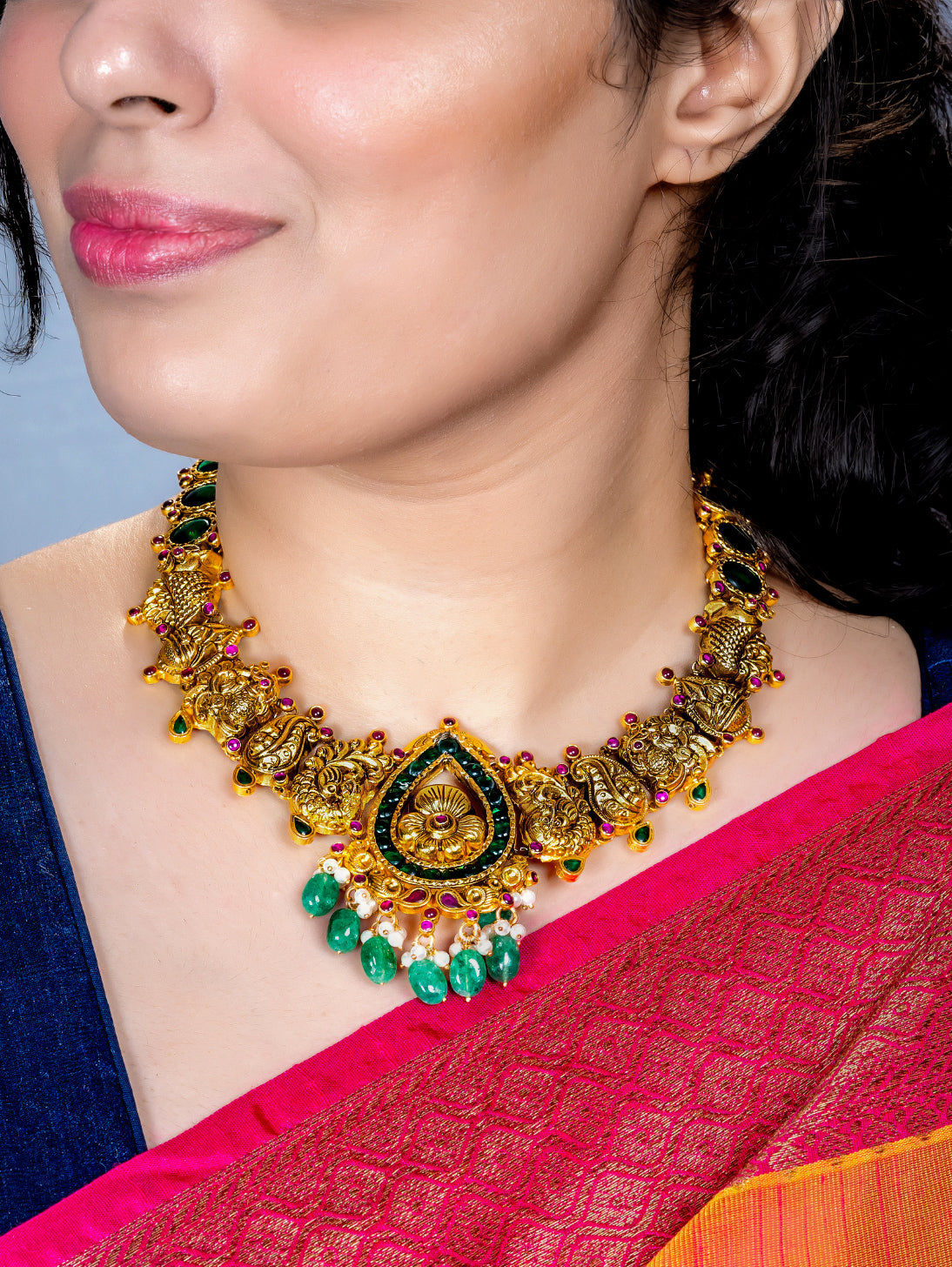 Antique Green Stone Temple Necklace