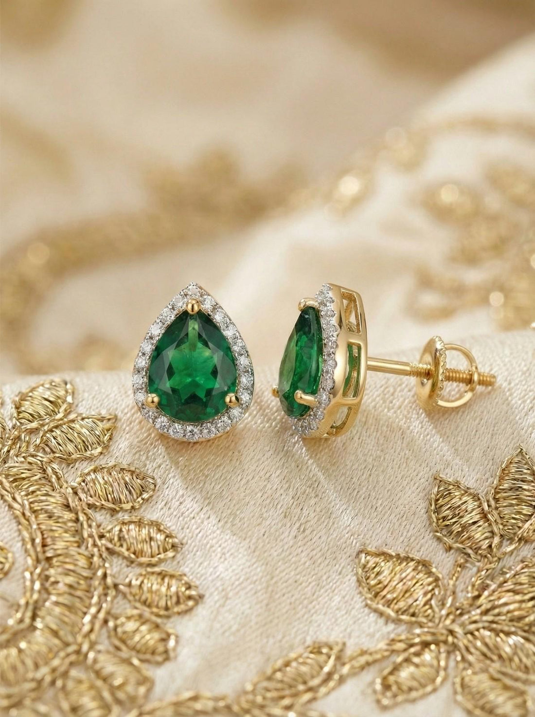 Emerald Halo Pear Stud