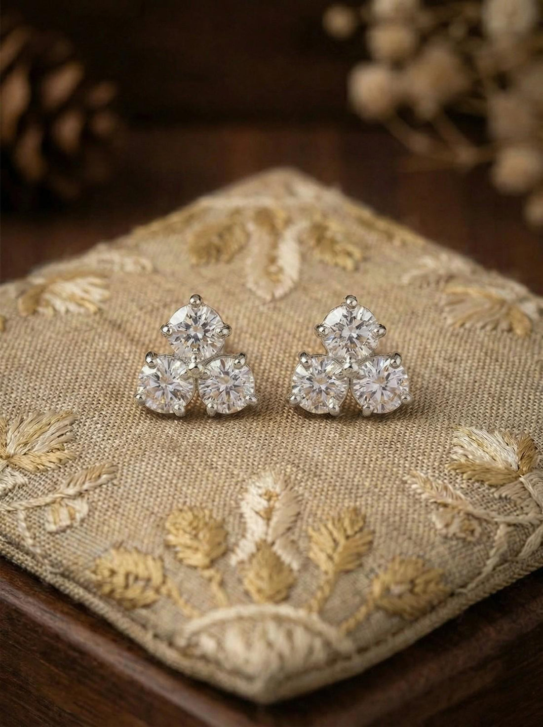 THREE-STONE DIAMOND CLUSTER EARRINGS