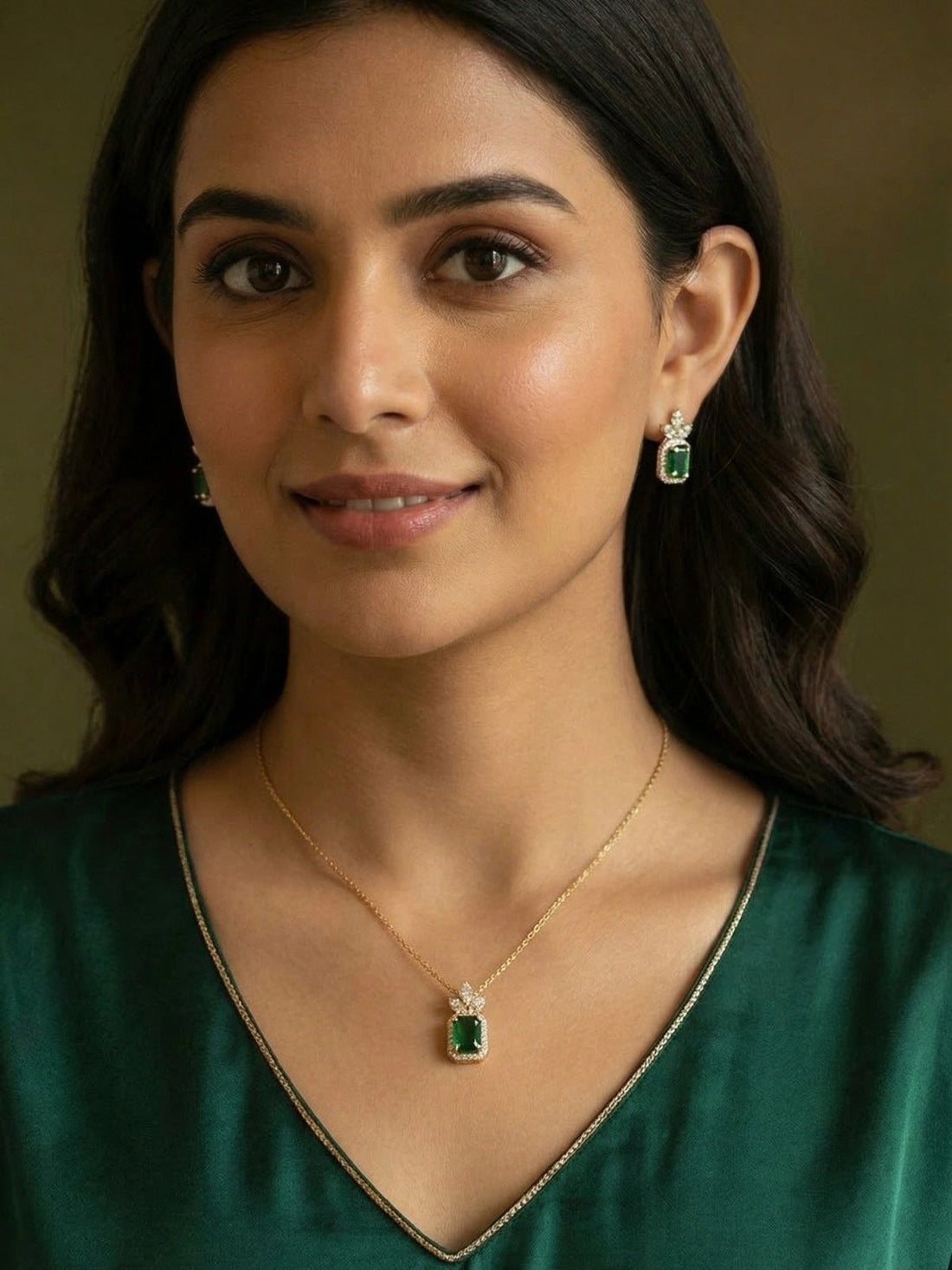 Asha Emerald Radiance Earrings And Pendant Set