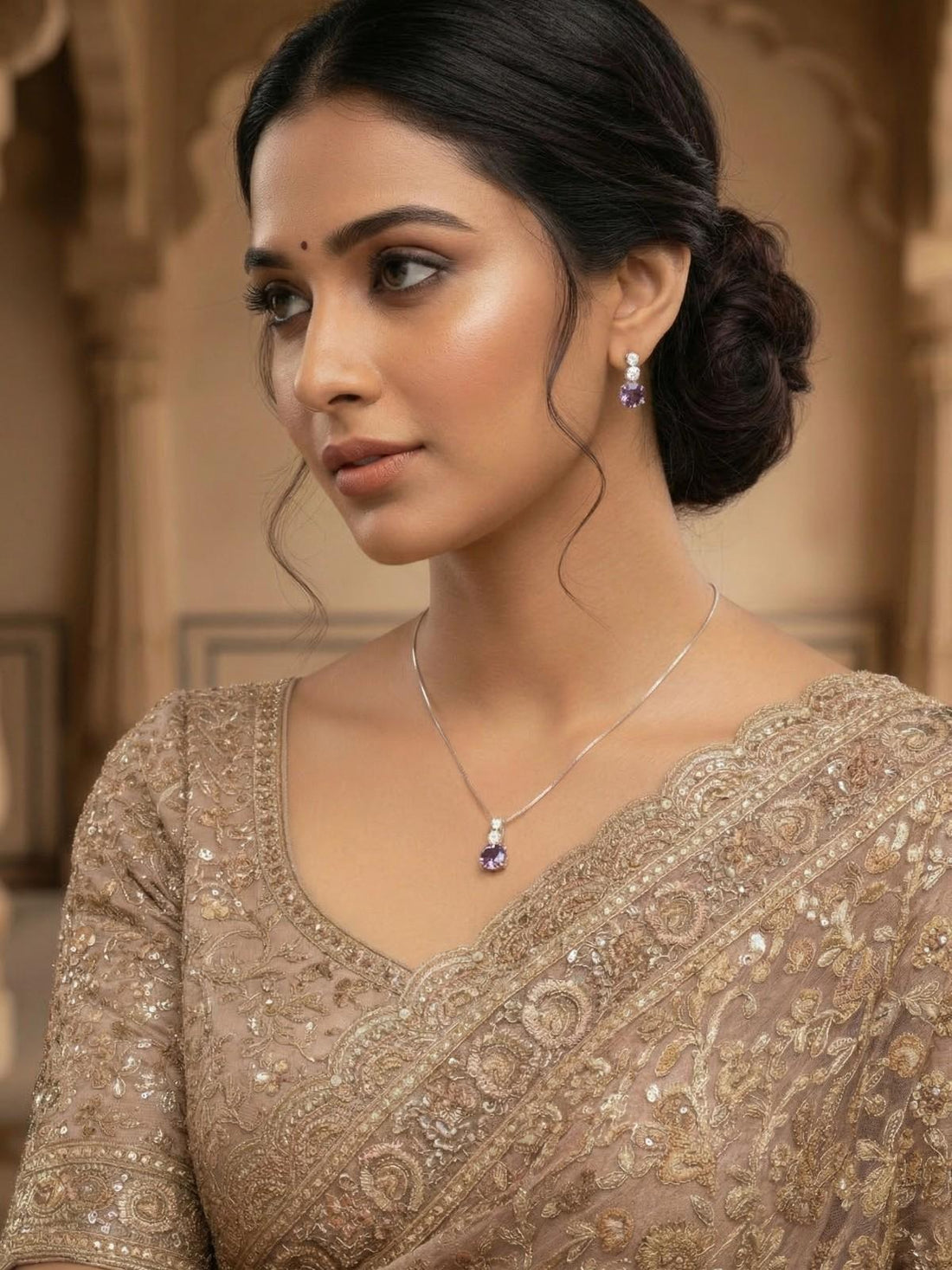 Aruvi Purple Pendent And Earrings Set
