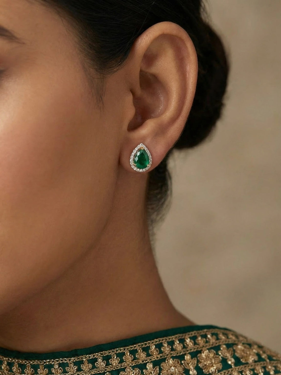 Emerald Halo Pear Stud