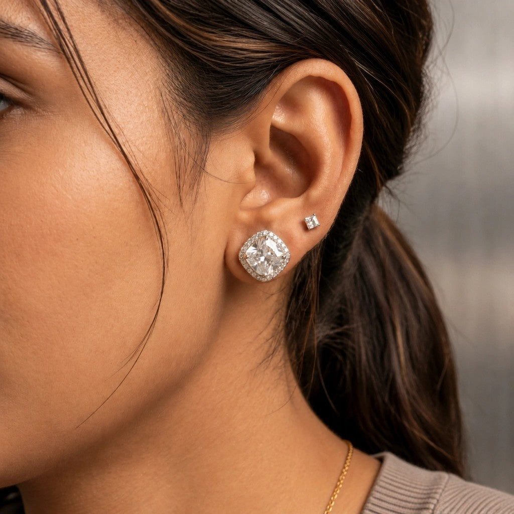 CUSHION HALO SQUARE STUD EARRINGS
