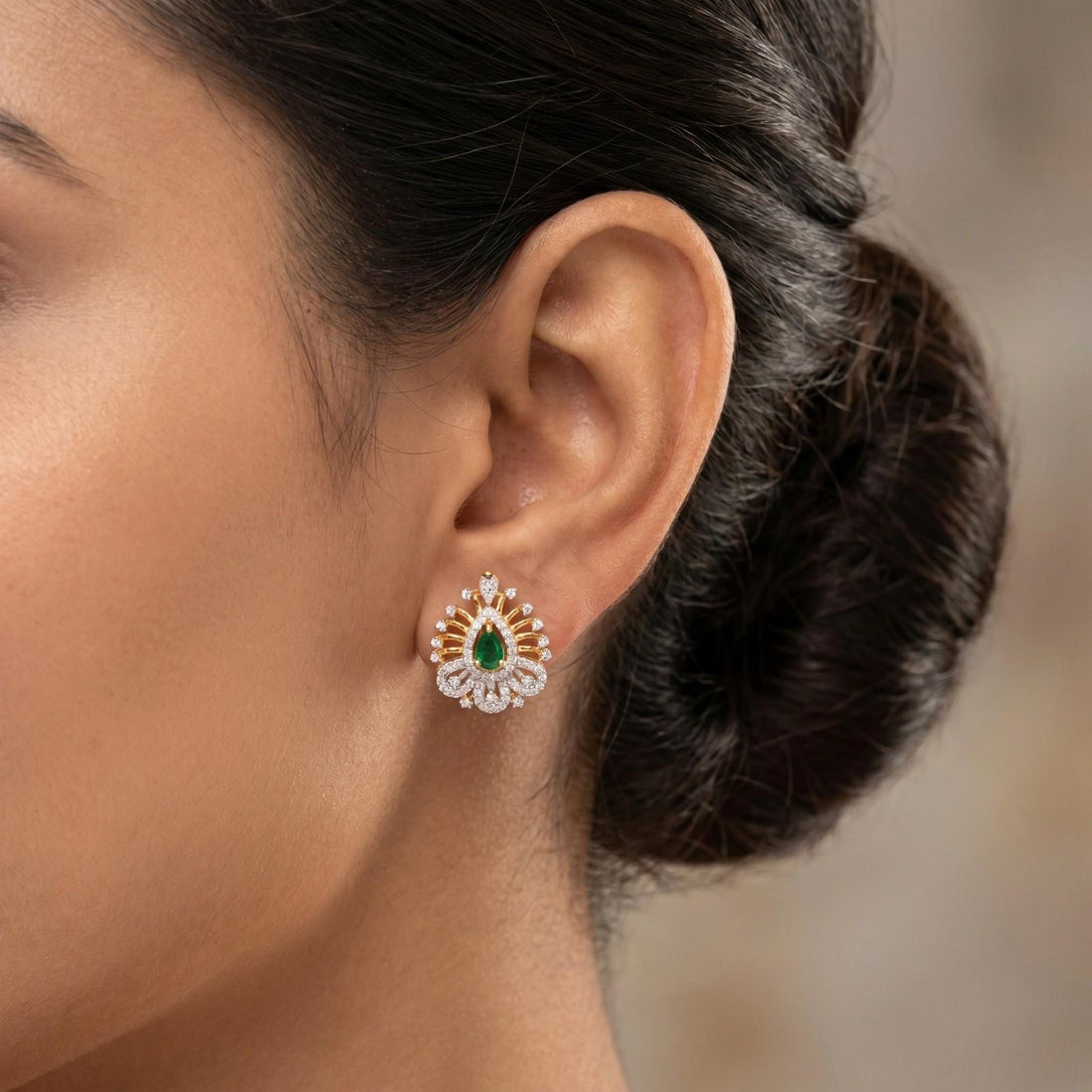 Emerald Earrings With Diamond Bloom