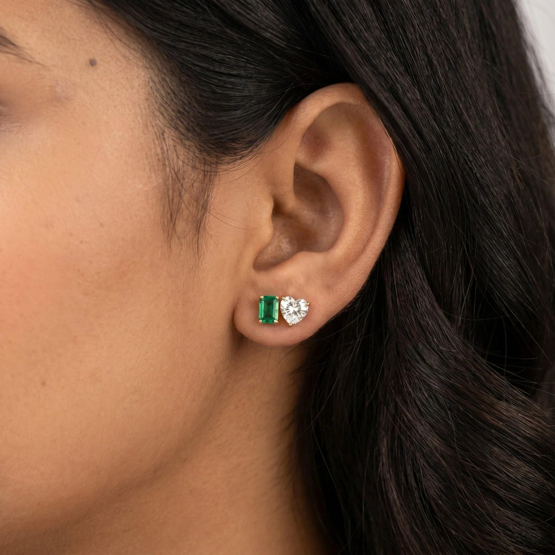 Heart And Emerald Cut Stud Earrings