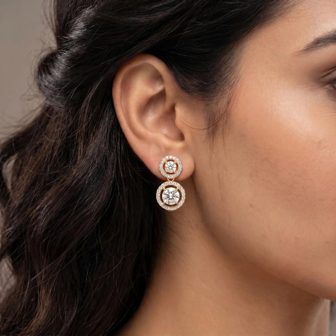 Double Halo Stone Drop Earrings